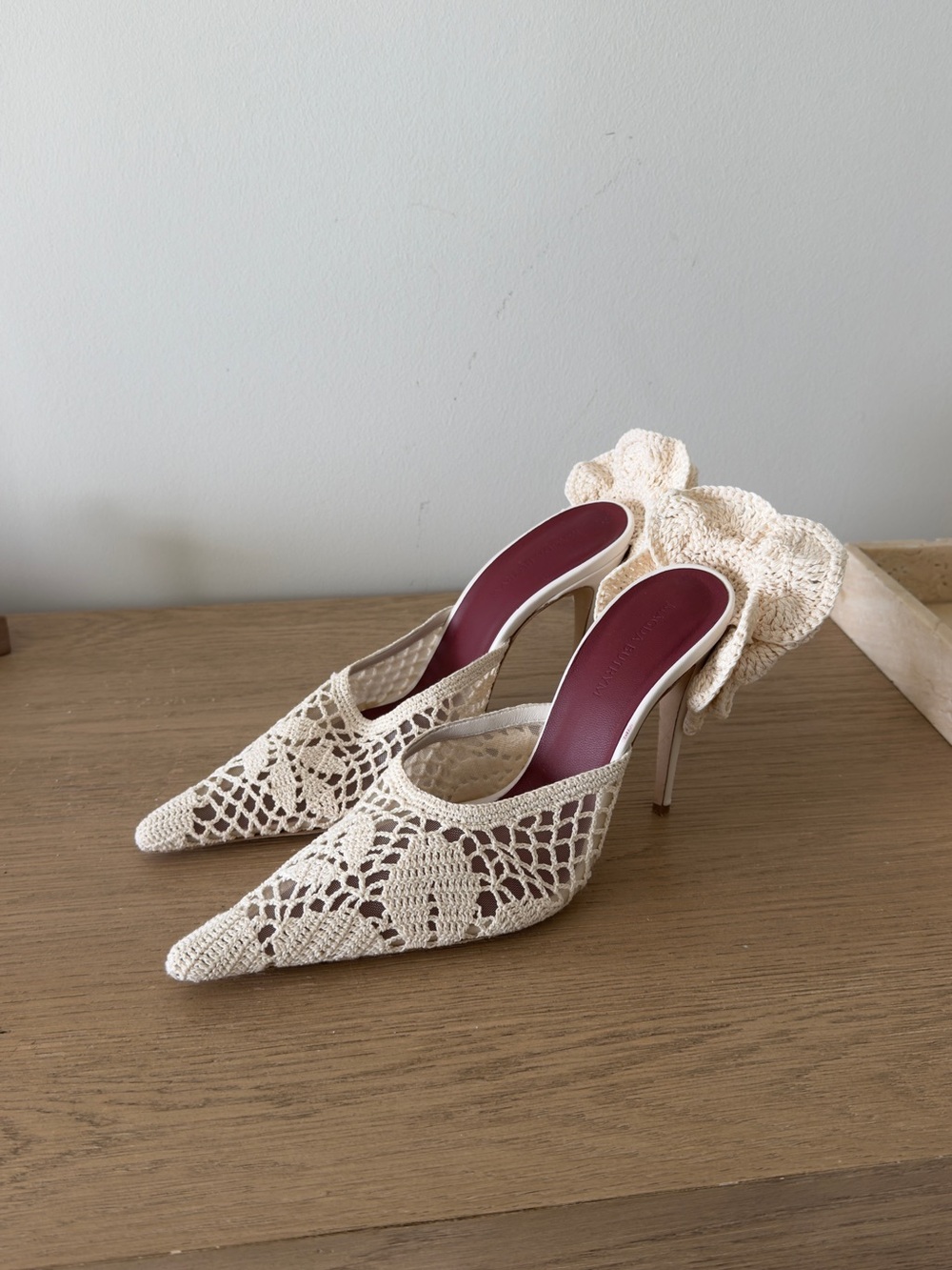 Magda Butrym Crochet Pointed-Toe Stiletto Mules in Cream, US 9